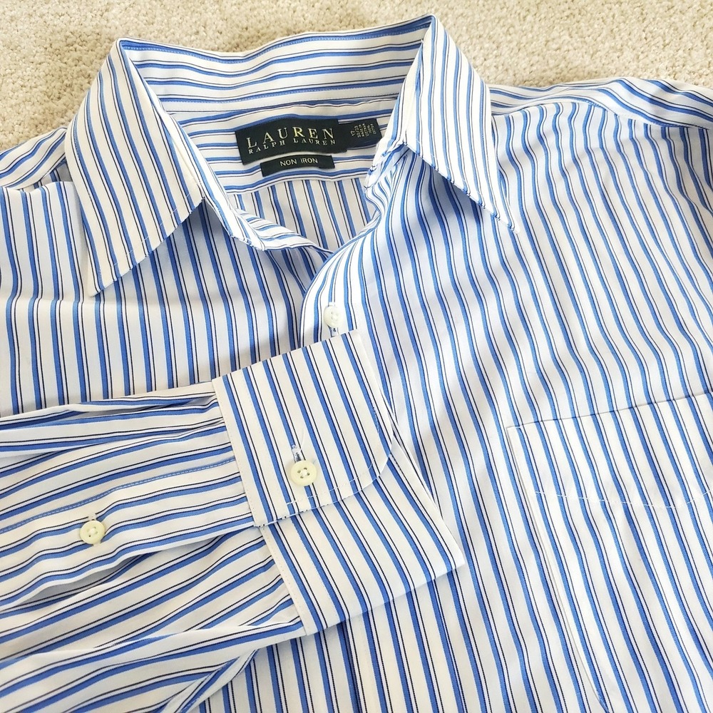 Lauren Ralph Lauren Men's Button Up Shirt 17 32/33 Blue White Stripe Lg Sleeve